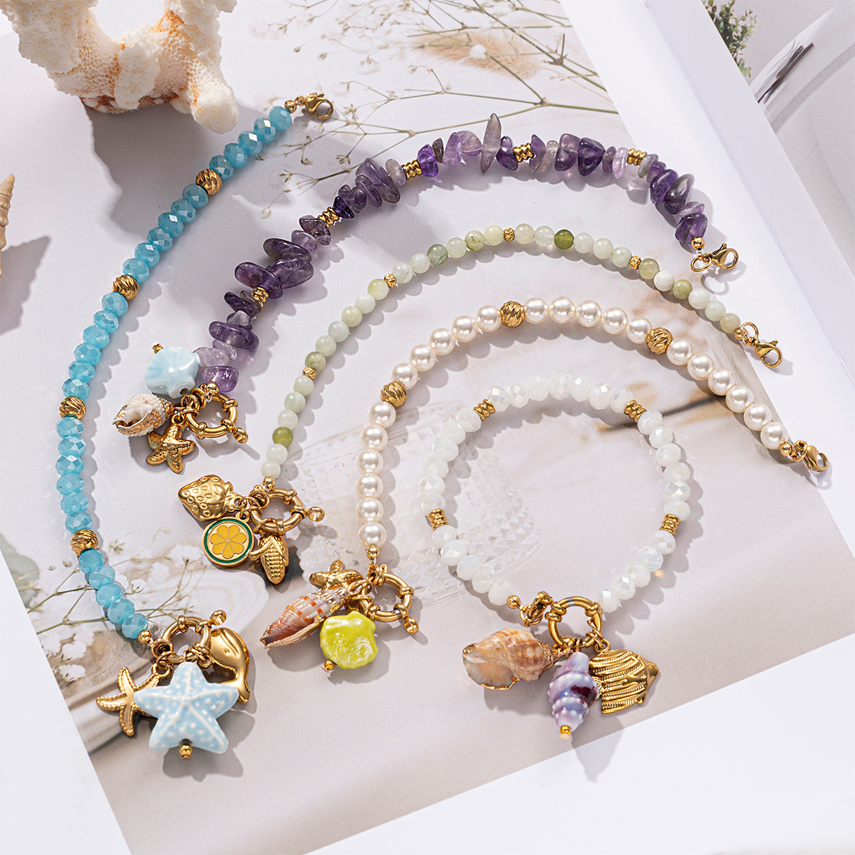 Tena Europa y América Accesorios de acero de titanio Pulsera Ligero Lujo Alta Sensación Natural Piedra Natural Pulsera de concha Joyas transfronterizas con cuentas