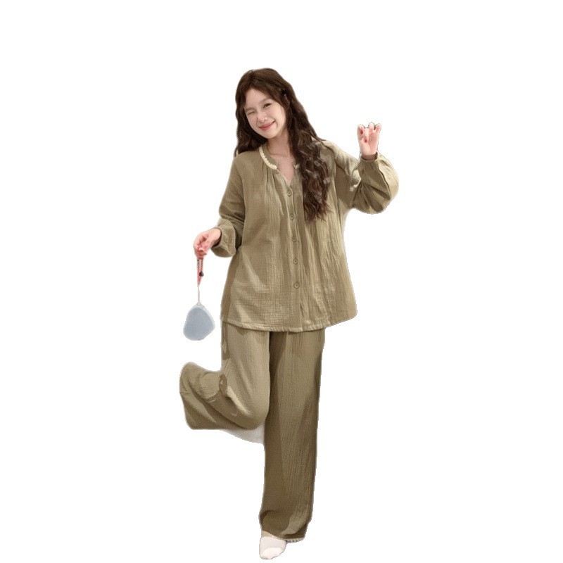 韩国ins女秋冬新款纱布简约舒适甜美拼接蕾丝花边家居服睡衣套装|undefined