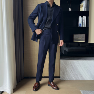 24 Autumn New Men's Light Mature Korean Thickened Double-breasted Suit Pants Slim-fit Simple Two-piece Suit