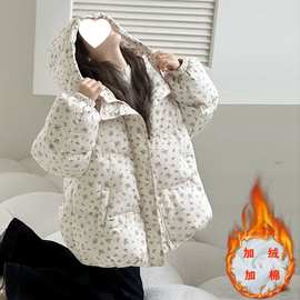 女童冬季加绒加厚棉服外套2025洋气新款碎花棉袄面包儿童冬装棉衣