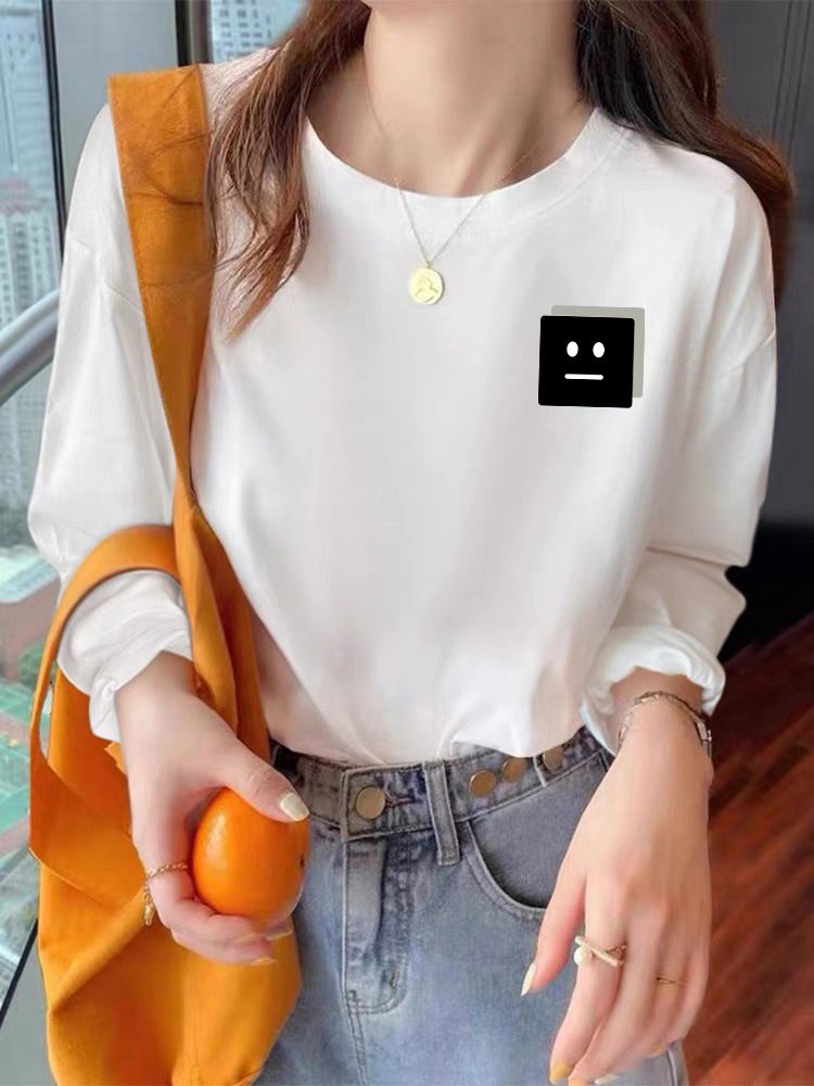 Camiseta de mujer de algodón blanco de manga larga coreana de cuello redondo, camiseta de base de tamaño grande ocio de otoño 210g camiseta de mujer