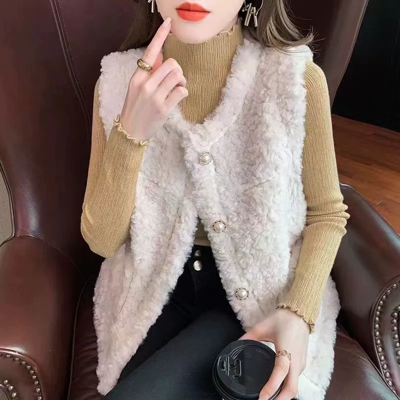 Женский жилет из овечьей шерсти, осень-зима 2025, новый стиль, небольшой аромат, имитация кроличьего меха, свободный жилет-куртка