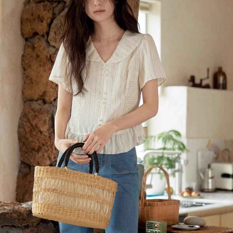 Solighte French Linen Stripesd V-Neck Short-Sleeved Shirt Women's Summer 2025 New Waist Shirt Top