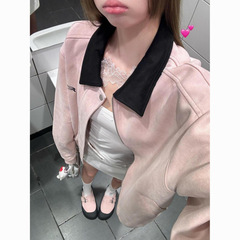 ピンクのスエードの襟のジッパーのジャケットの女性の春秋の金のゆったりしている短い野球の服のカーディガンの上着の初秋