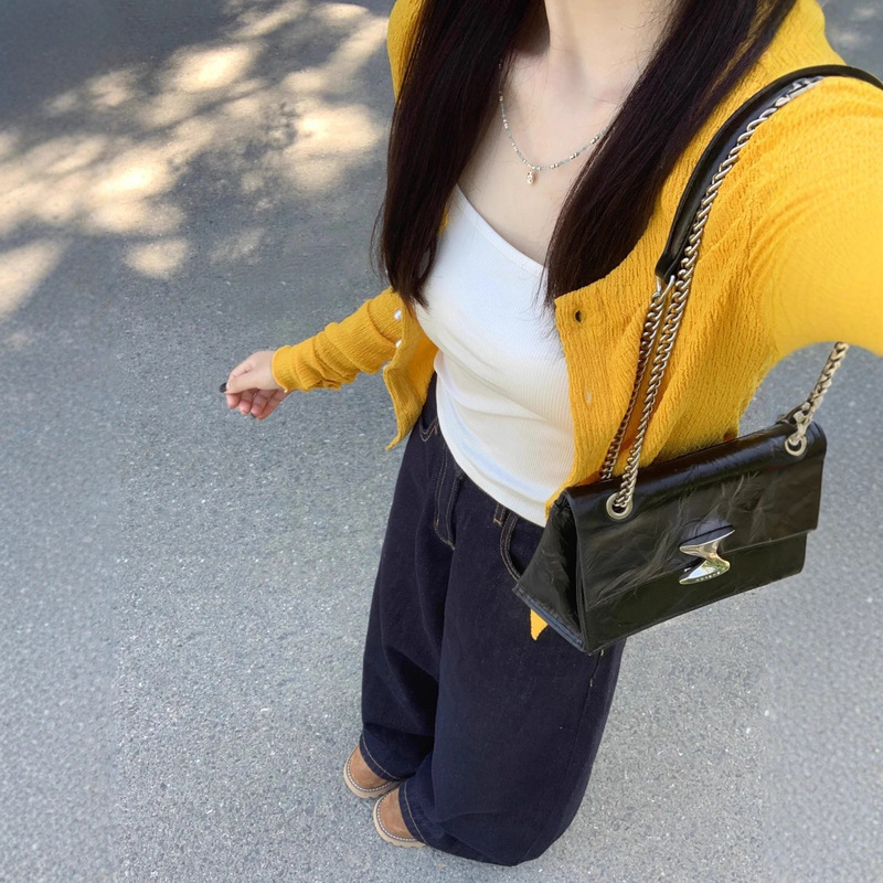 韩系氛围感穿搭黄色圆领长袖开衫女秋装修身显瘦别致针织外套上衣|undefined
