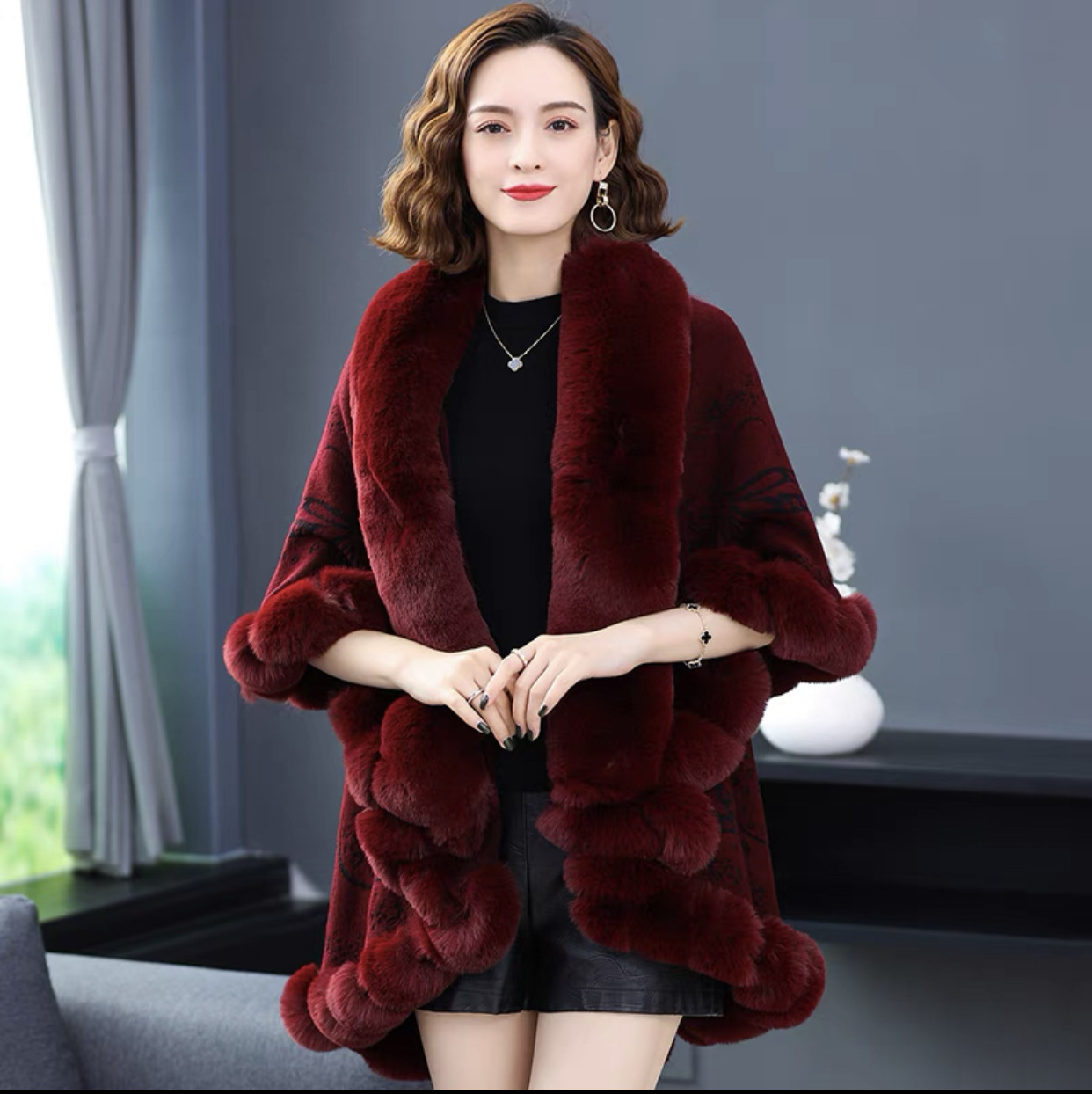 Fur collar cape cape ladies plus-size jacquard knit cardigan loose coat_voghion.com