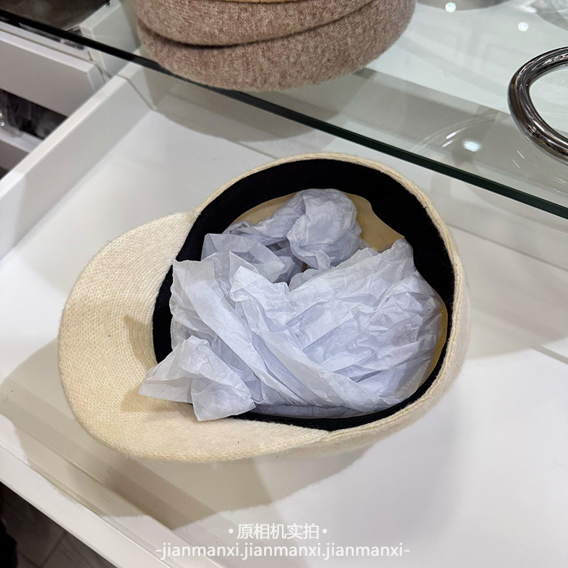 韩系羊毛针织平顶鸭舌帽子女款秋冬保暖字母标复古马术帽八角帽|undefined