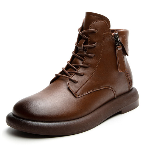 Women's Genuine Leather Martin Boots  Autumn/Winter New Warm Fleece Flat Short Boots Women Retro British Style Low Top Boots