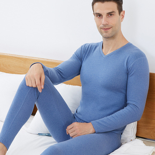 Autumn and winter men's round neck thermal underwear set plus velvet German slim bottoming shirt thickened middle-aged and elderly autumn clothes and long trousers for men
