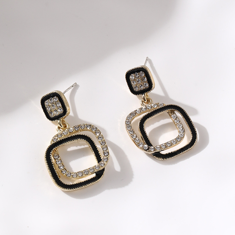 1 Pair Fashion Double Ring Alloy Enamel Plating Inlay Rhinestones Women's Drop Earrings display picture 3