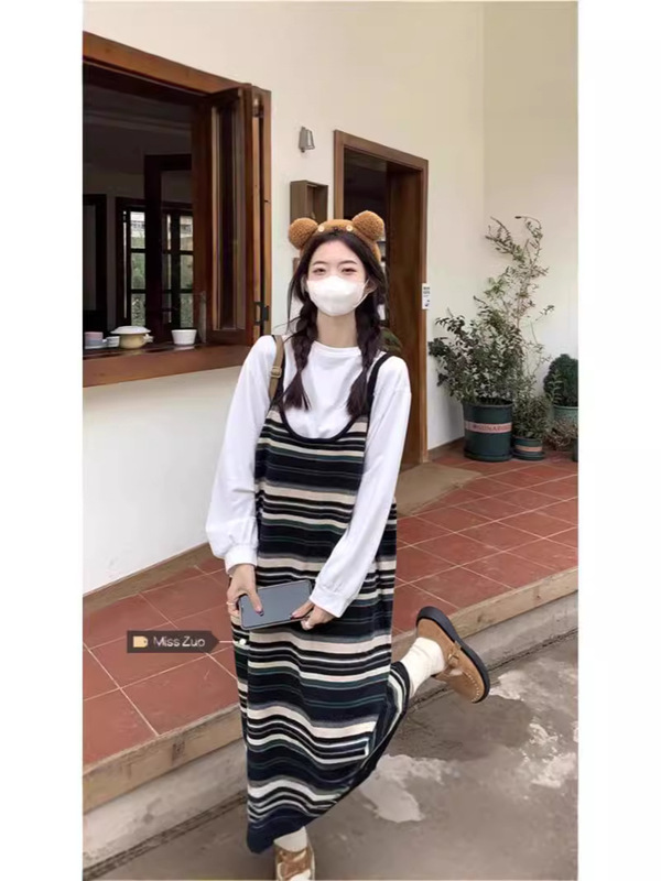 条纹针织吊带连衣裙女初秋季新款小个子复古休闲宽松背心长裙|undefined