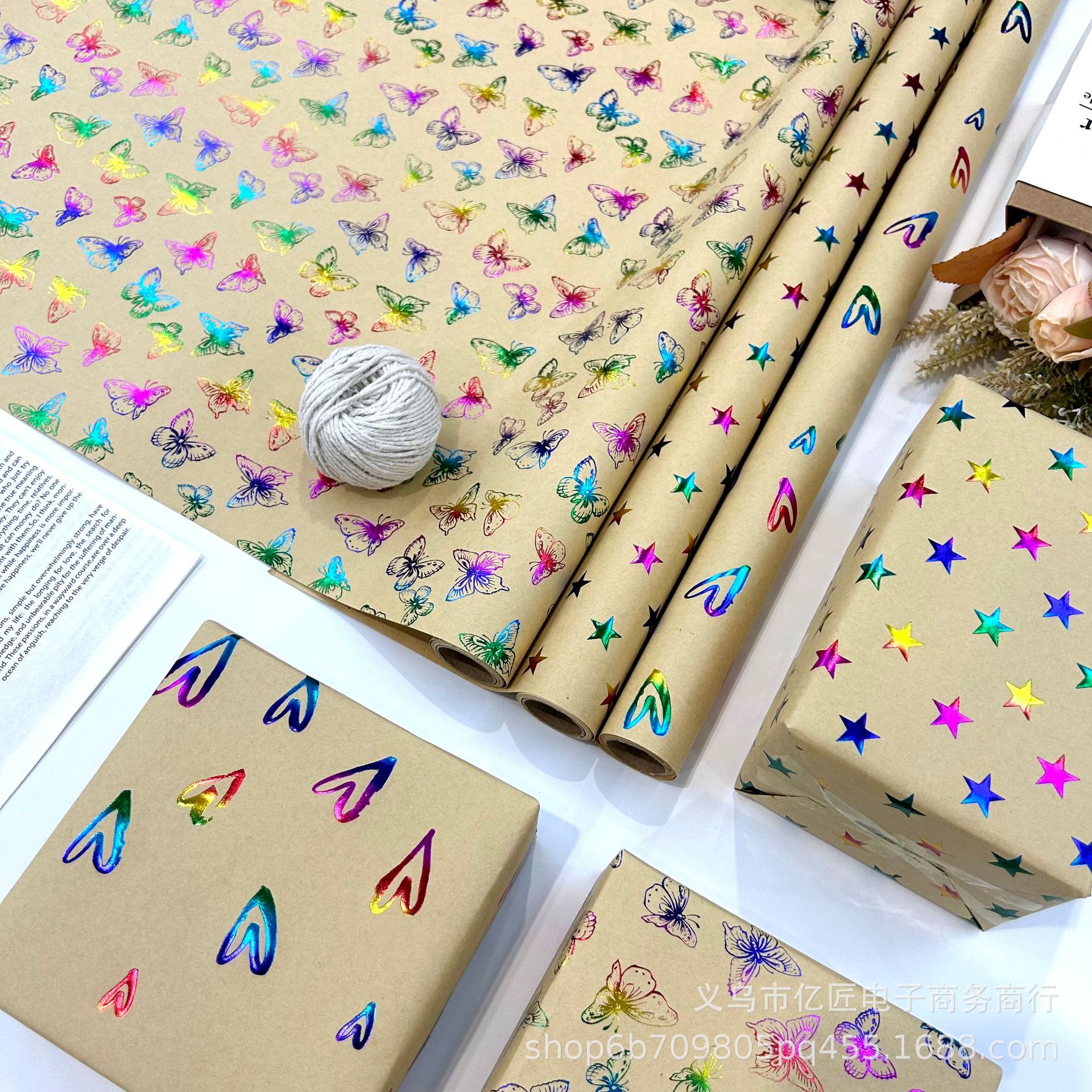 工厂直销 牛皮纸DIY手作节日礼品包装纸 烫金彩金凹凸卷筒包装纸