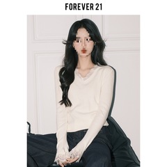 Forever21法式杏色蕾丝V领针织衫女秋冬打底软糯修身内搭长袖上衣