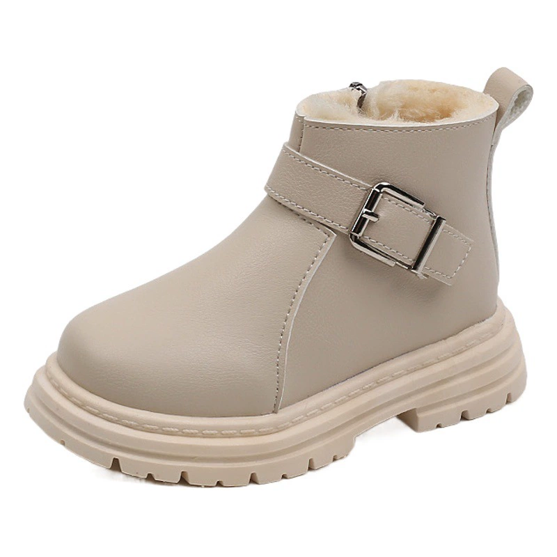 Детские зимние модные британские ботильоны на флисовой подкладке, модные ботинки для мальчиков, теплые хлопковые сапоги с мягкой подошвой и пряжкой для девочек