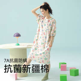 春夏抗菌棉可外穿睡衣休闲睡裙短袖棉中裙睡衣圆领7A棉家居服套装