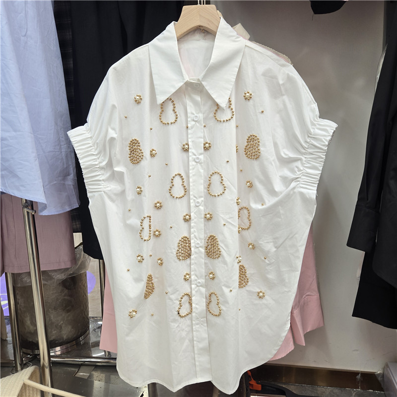 French-Style Puff Sleeve Shirt for Women 2026 Korean Version Loose Trendy Design Niche Heavy-Duty Heart-Shaped Beaded Top Fashion