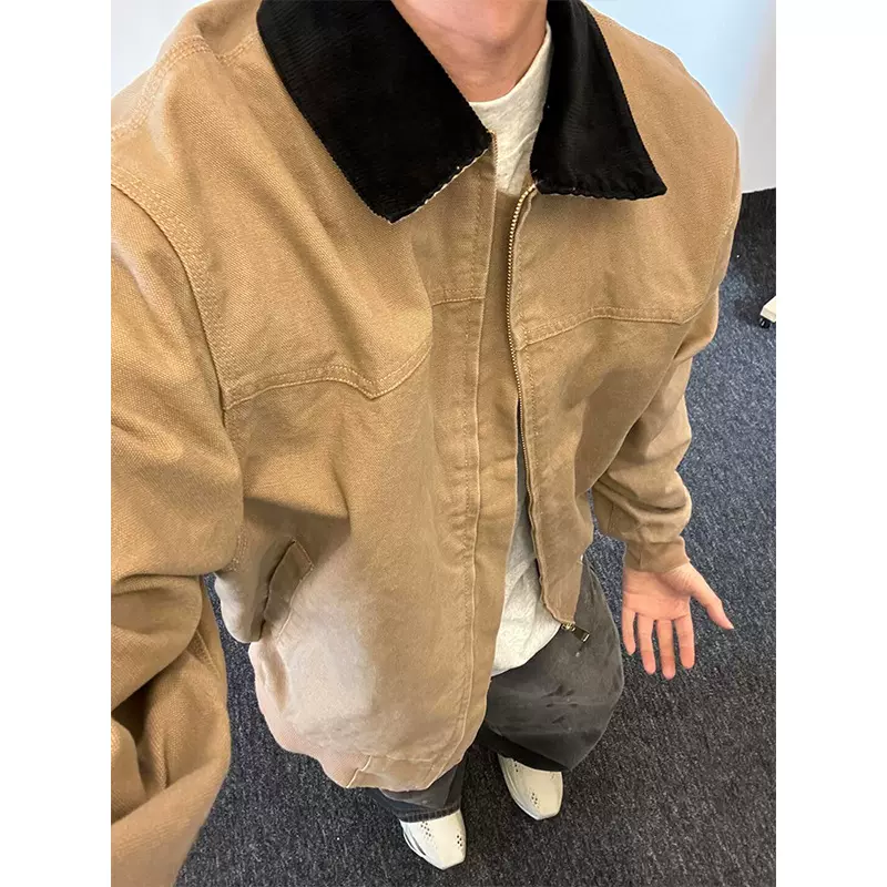 美式潮牌vintage翻领底特律工装夹克男春秋新款帆布水洗牛仔外套