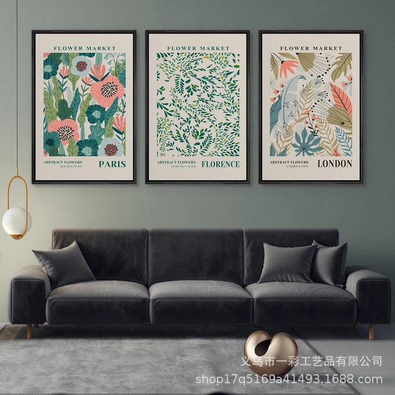 Tres pinturas abstractas de lona de flores y plantas con marcos, pinturas de paredes raspadas, arte moderno minimalista, instalación Bohemia