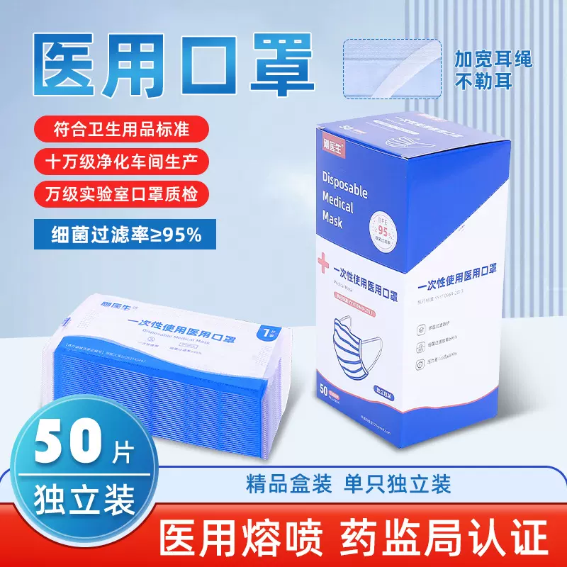 刚医生医用外科口罩一次性口罩独立包装三层防护50只装高效防护