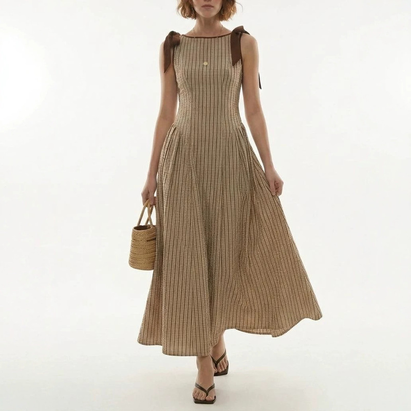 Vintage Commuter Striped Tank Dress with Boat Neck, Tie-Shoulder Design, Pleated High Waist, Draped Hem, Elegant Dress