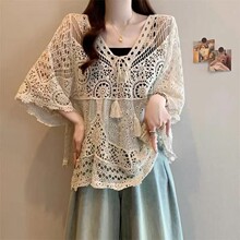 镂空钩花针织衫女夏季新款宽松V领开衫罩衫慵懒风上衣休闲度假