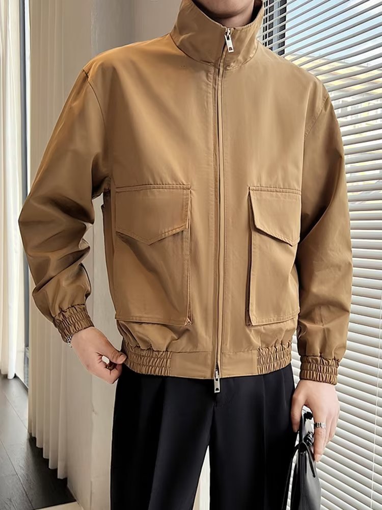 Stand up collar, cool men's spring autumn assault jacket, light mature style, high-end feel, workwear, trendy brand_voghion.com