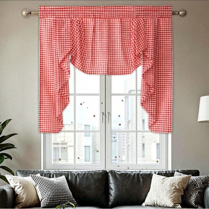 French-Style Retro Plaid Rod-Mounted Window Curtain, Modern Minimalist Kitchen Half Curtain, Kitchen Partition Curtain French-Style Retro Plaid Rod-Mounted Window Curtain, Modern Minimalist Kitchen Half Curtain, Kitchen Partition Curtain