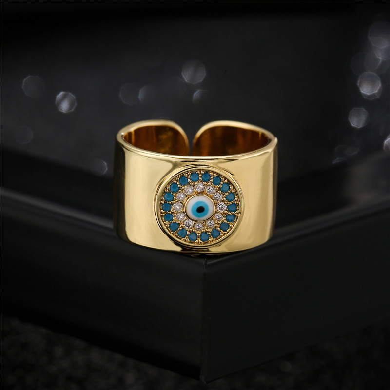 Aogu Cross-Border New 18K Gold Plated Copper Micro-Inlaid Ornament 11mm Wide Open Devil Eye Ring for