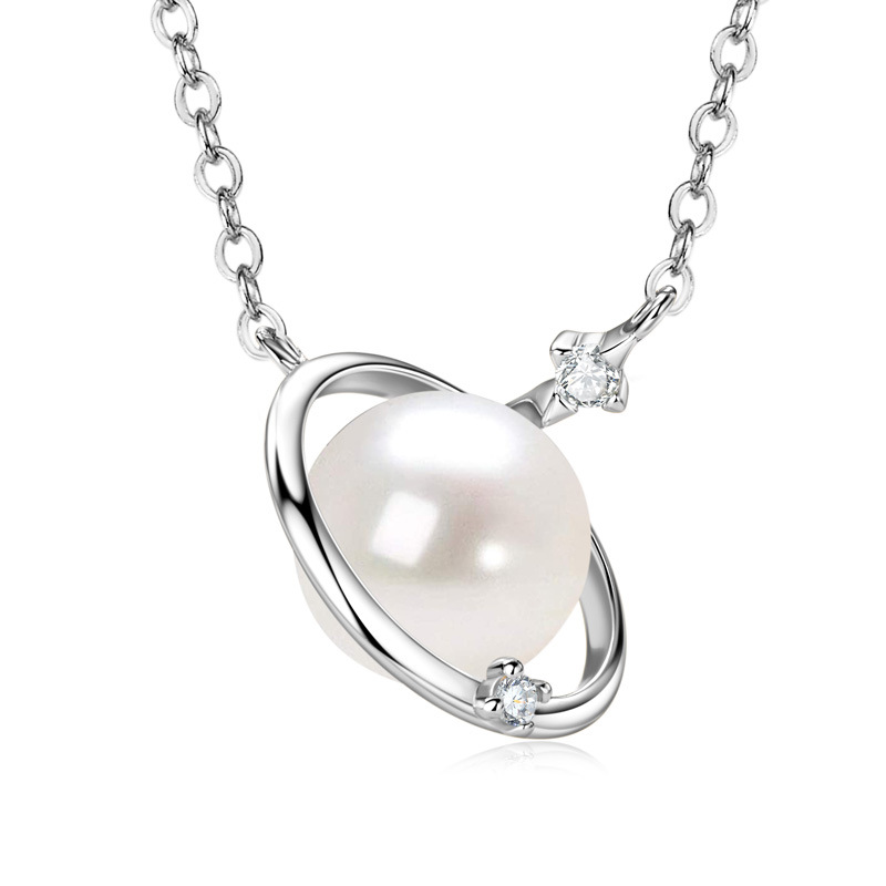 Exquisite S925 Sterling Silver Women's Saturn Necklace with Freshwater Pearl Pendant, Chic Niche Design Circle Jewelry for Women