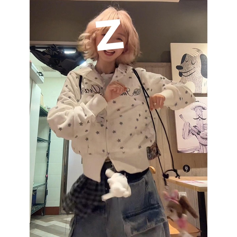 美式复古字母星星满印拉链卫衣女春秋宽松开衫连帽松弛感休闲外套|undefined