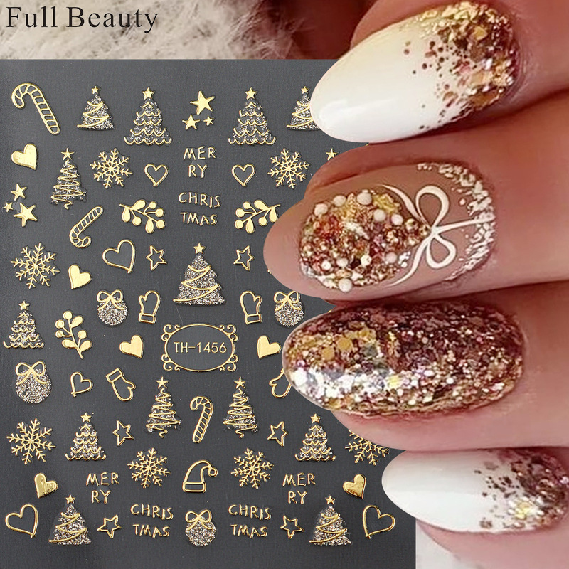 FULL BEAUTY Cross-border New Golden Christmas Nail Art Stickers Snowflake Christmas Tree Adhesive Nail Stickers Wholesale