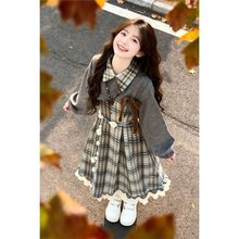 法式甜美学院风气质POLO领毛呢格纹衬衫连衣裙针织短款蝴蝶结外套