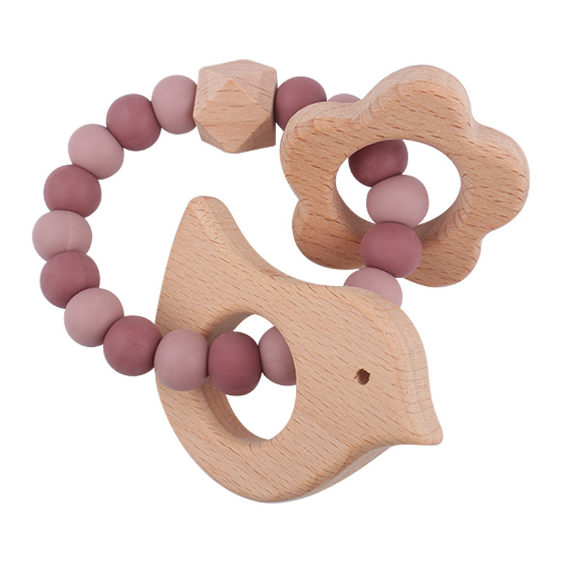 Nuevo bebé dibujos animados pájaros pulsera de madera de haya juguetes creativos pulsera de dientes de silicona pulsera de dientes