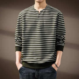 高端条纹V领长袖卫衣男士2025秋季新款潮牌宽松套头亨利领休闲T恤