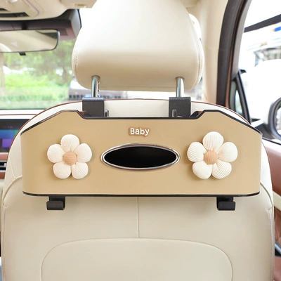 Car seat back storage rack, multifunctional car interior organizer, tissue box, front and rear seat cup holder for women (Car cup holder/beverage holder) - beige-five-petal-flower-chair-back-storage-box-khaki-color