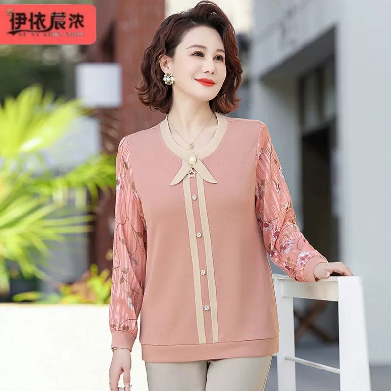 Весенняя новая одежда для мам, плавающая свинцовая футболка, уменьшающая возраст, Топ для женщин среднего возраста, 50-летняя женская рубашка с длинными рукавами, оптовая продажа