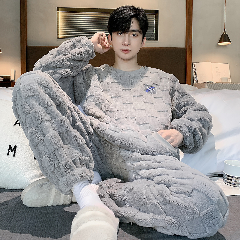 Pajamas Coral Fleece Winter Thickened Warm Casual Round Neck Men's Pullover Sports Can Be Worn Outside Homewear Two-Piece Set