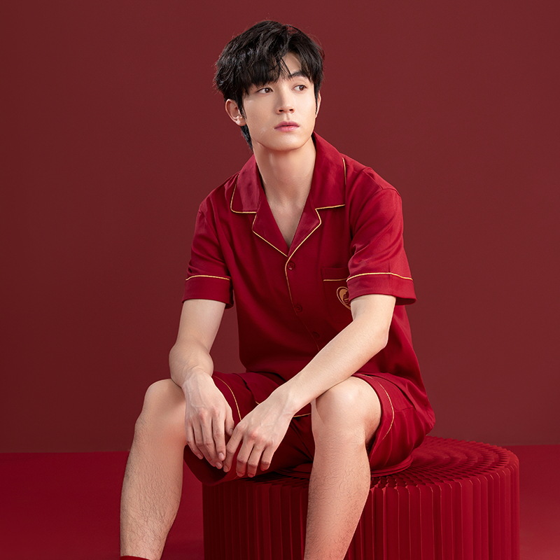 Pijamas de boda para recién casados 2025 para hombre, conjunto de verano de algodón puro de manga corta y pantalones cortos, holgado, rojo brillante, para el hogar, con diseño del año del zodiaco