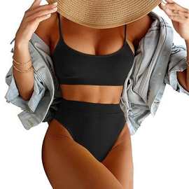 欧美性感分体泳衣亚马逊速卖通爆款高腰收腹比基尼纯色简约游泳衣