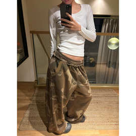 美式辣妹迷彩阔腿裤女秋冬新款直筒休闲裤宽松运动卫裤设计感长裤