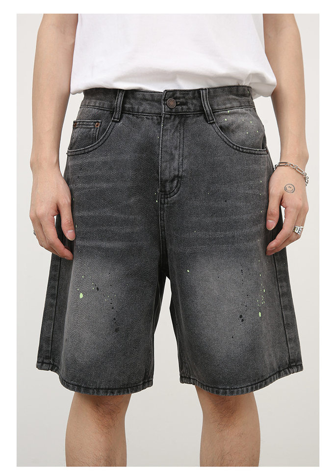 Quần short denim nam ống rộng lửng trên gối, họa tiết vệt sơn mực kiểu đường phố — Xanh lam nhạt, Đen xám chi tiết 4