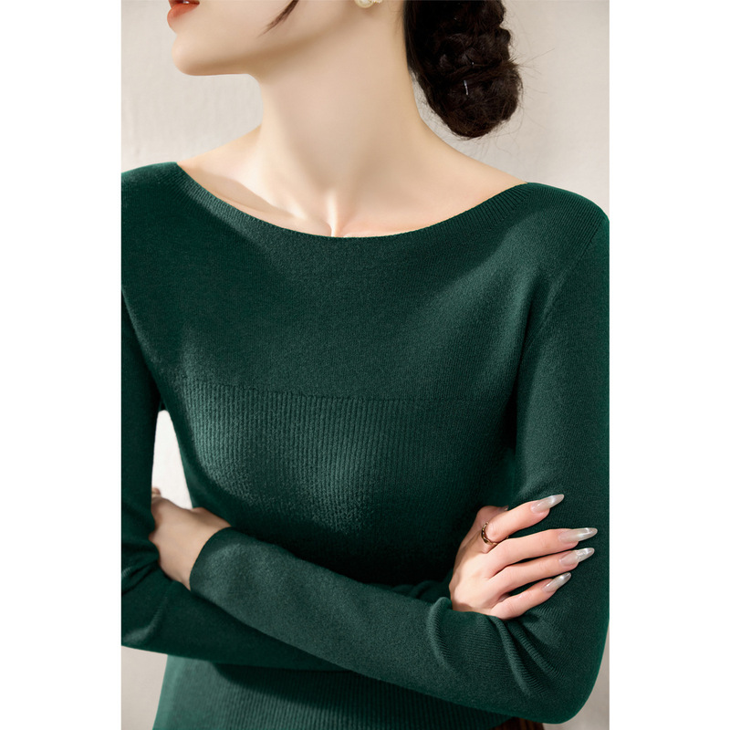 Winter one-line collar high-end bottoming French-style dark green all-match long-sleeve slim-fit women's knitted top Winter one-line collar high-end bottoming French-style dark green all-match long-sleeve slim-fit women's knitted top