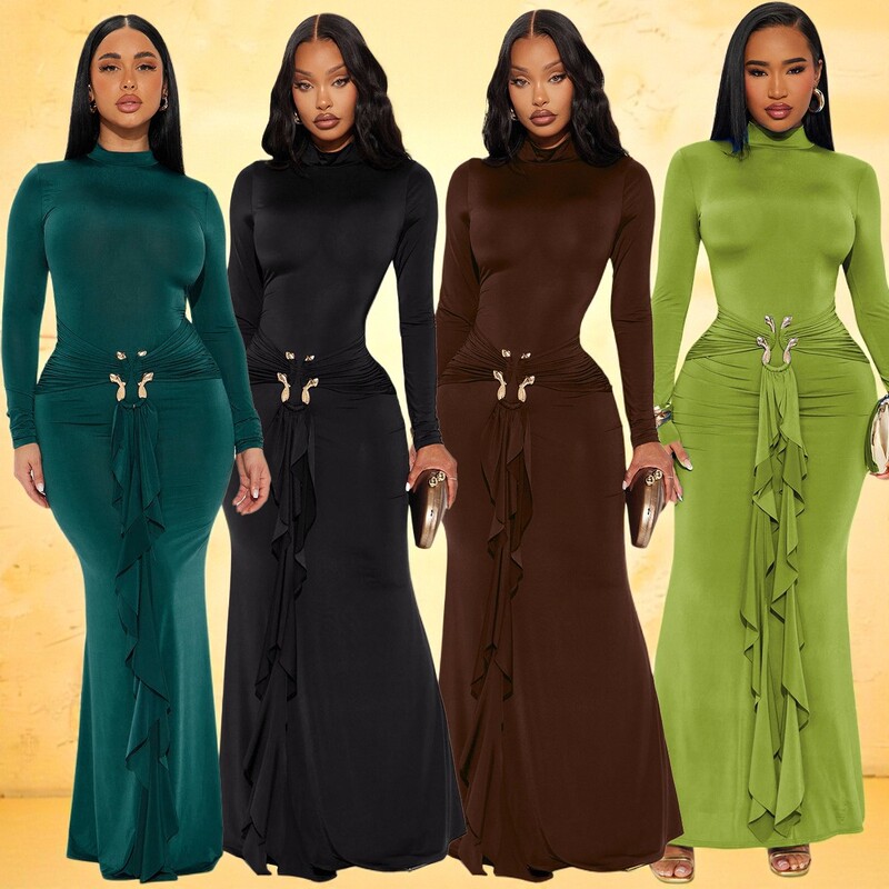 Zy6306 Cross-Border European and American High-Neck Long-Sleeved Slim Dress Waist Metal Ribbon Pleated Elegant Dress Long Skirt