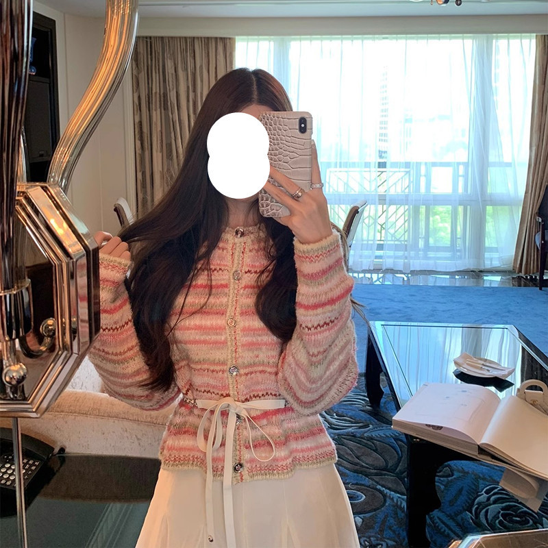 早安樊樊 重工粉色条纹小香针织开衫女秋气质减龄感显瘦毛衣外套|undefined