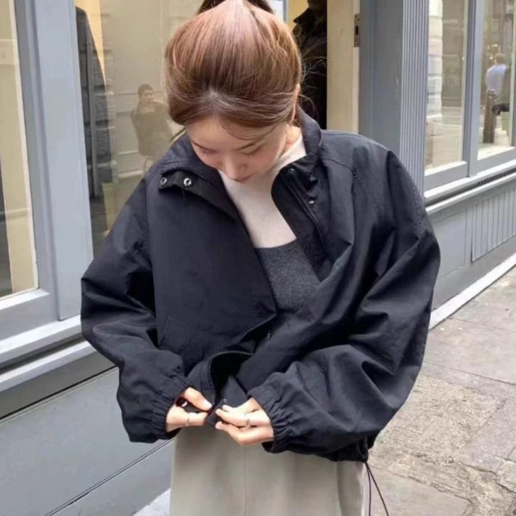 In-Stock Korean Dongdaemun Ou*Ce Stand-Collar Women's Windbreaker, Simple and High-End Zip-Up Jacket, Versatile Outerwear