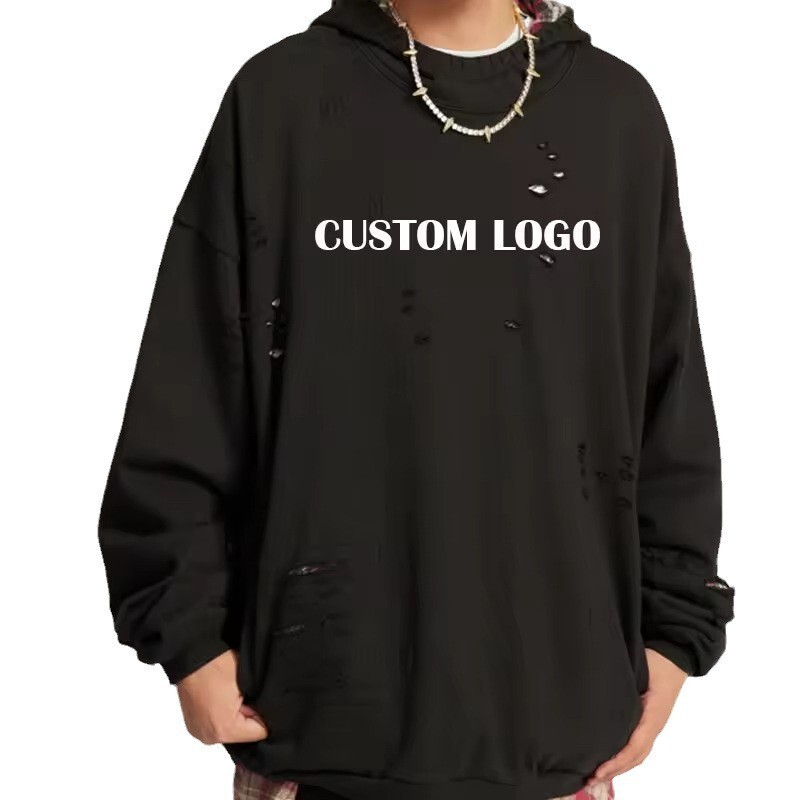 2024 Autumn/Winter Heavy Weight Duty Distressed Patchwork Raw Edge Hoodie Custom Logo Vintage Oversized Men's Hoodie