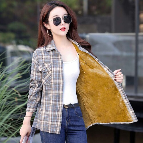 New fashionable casual velvet thick lapel plaid shirt loose slimming temperament all-matching long-sleeved coat top
