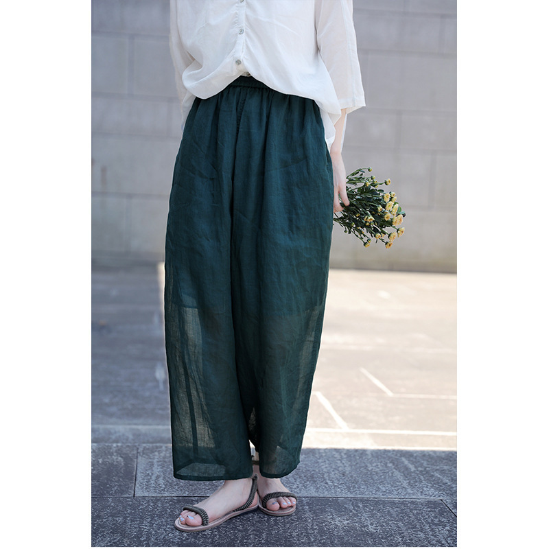 Summer black ultra-thin breathable Ramie elastic waist loose wide leg cropped pants