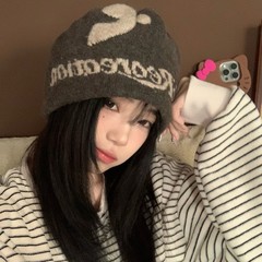 韩版小众个性字母提花毛线帽子女秋冬街头百搭凹造型针织包头冷帽