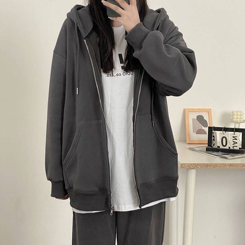 Dark Grey Sweatshirt Women's Fleece Coat Autumn and Winter New Korean Style Loose Lazy Style Long Sleeve Top Instagram Style Trendy